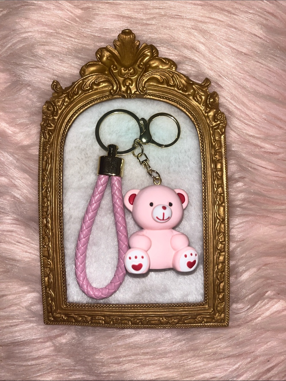 Pink Teddy Bear Keychain with Braided Strap